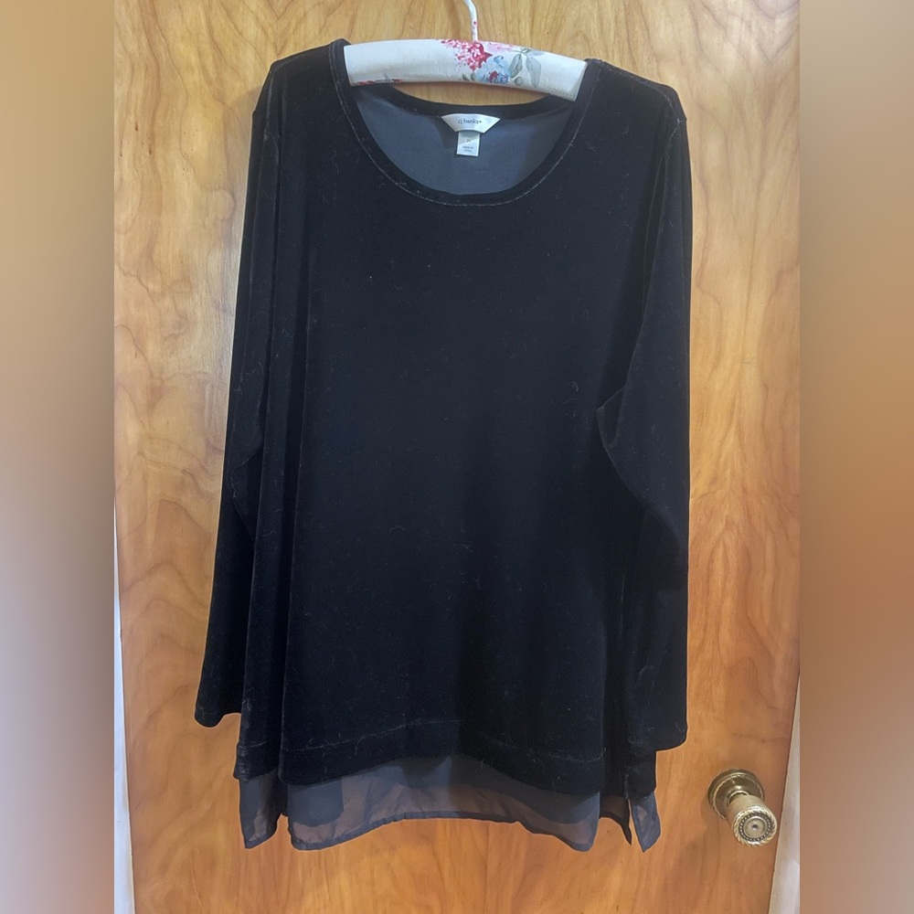 CJ Banks Black Velvet Sheer Hem Long Sleeve Top